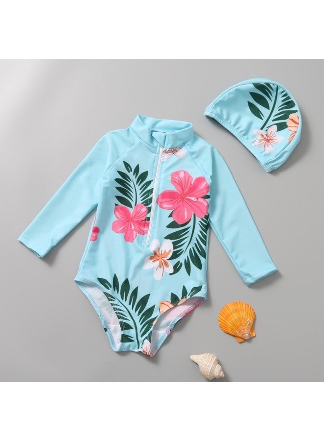 Loquat Children's Swimwear One-piece Girls' Long-sleeved Sunscreen Quick-drying Girls' Cute Baby Korean Hot Spring Swimwear-Color:9605 Red Watermelon- - Image 4