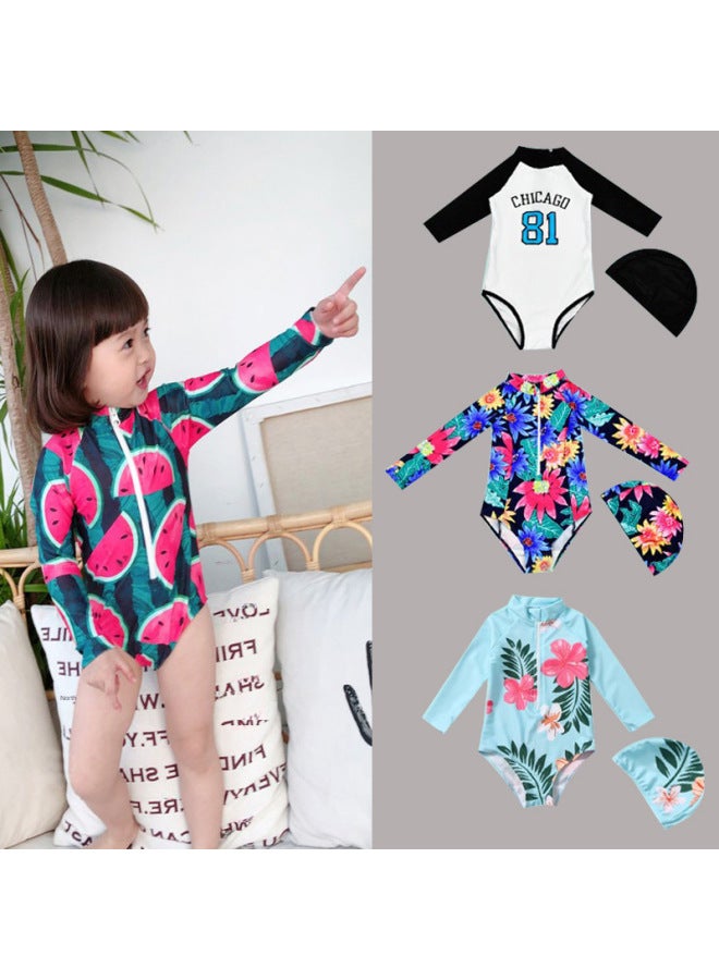 Loquat Children's Swimwear One-piece Girls' Long-sleeved Sunscreen Quick-drying Girls' Cute Baby Korean Hot Spring Swimwear-Color:9605 Red Watermelon- - Image 2