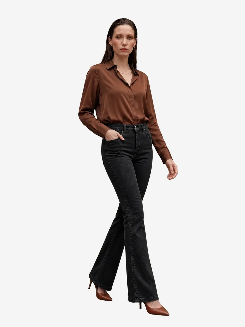 My Fashion Black MY FASHION High Waist Flare Leg Denim Pants for Women | Best Price UAE