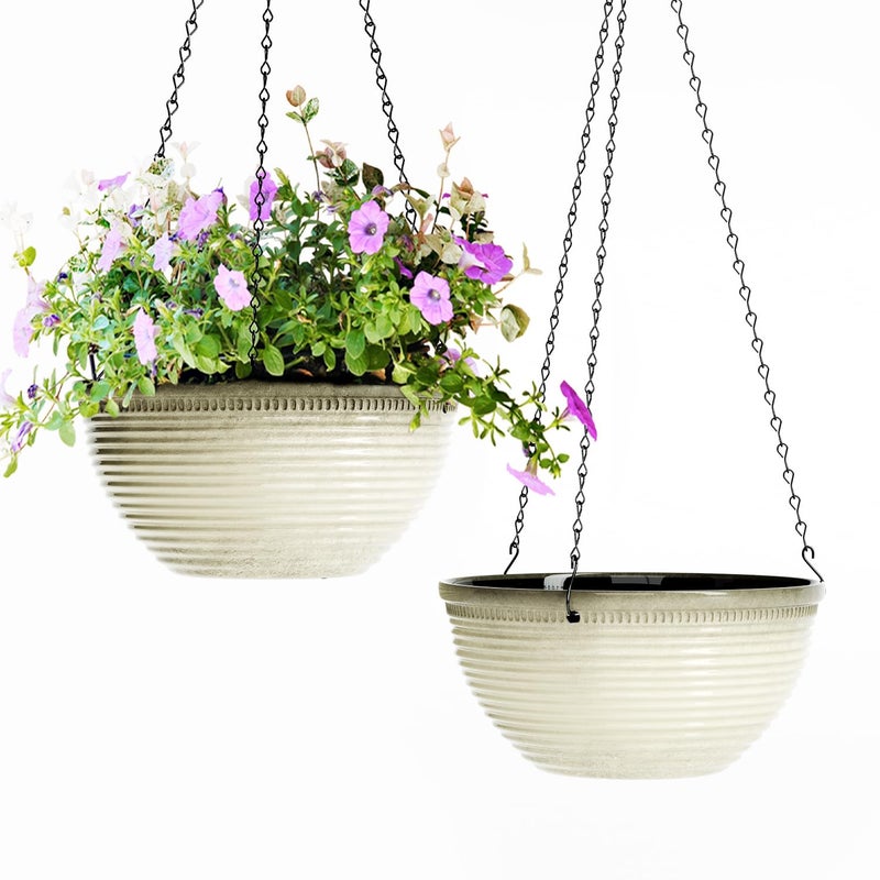 Vanslogreen 2 Pack Hanging Planters for Indoor Outdoor Plants, 10 Inch Hanging Planter with Drainage Hole & Plug Glazed Hanging Baskets Flower Pots for Garden Home (Off-White) - Image 1