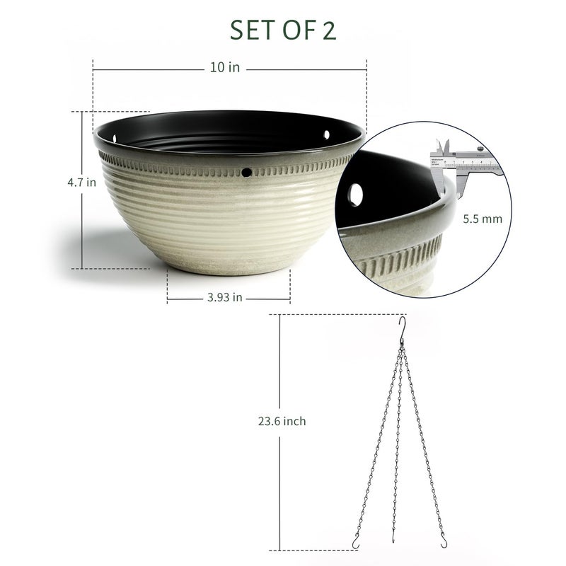 Vanslogreen 2 Pack Hanging Planters for Indoor Outdoor Plants, 10 Inch Hanging Planter with Drainage Hole & Plug Glazed Hanging Baskets Flower Pots for Garden Home (Off-White) - Image 3