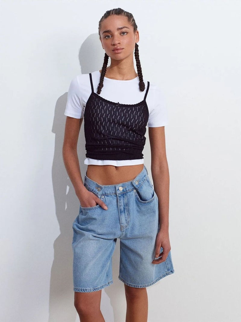 DILVIN Textured Crop Cami Blouse With Bow Detail - Image 1