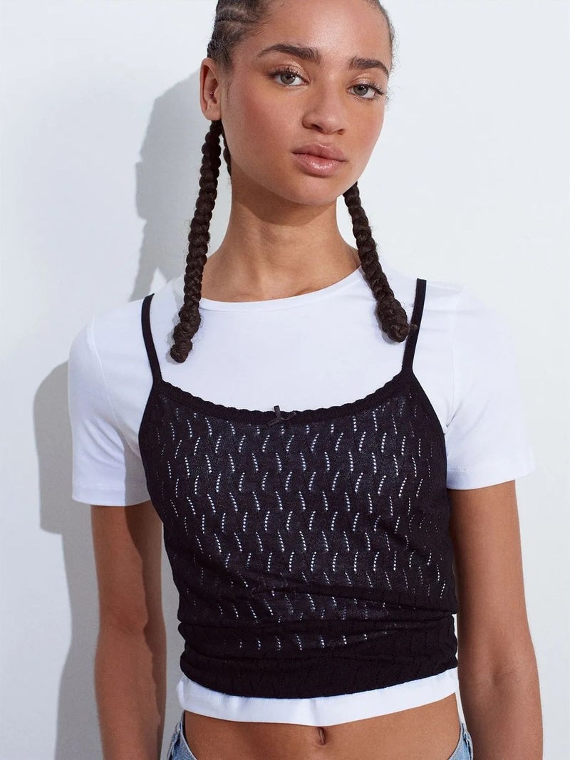 DILVIN Textured Crop Cami Blouse With Bow Detail - Image 5