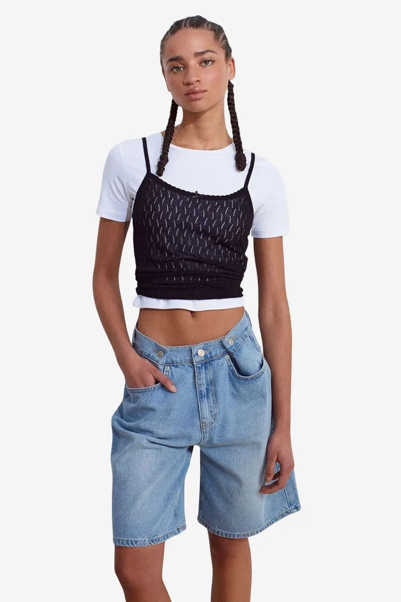 DILVIN Textured Crop Cami Blouse With Bow Detail