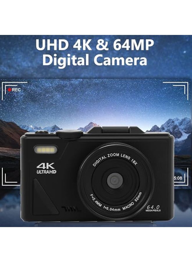 Black 4K Digital Camera 64MP 18x Zoom 3 Inch Flip Screen Mirrorless Camera For Travel - Image 3