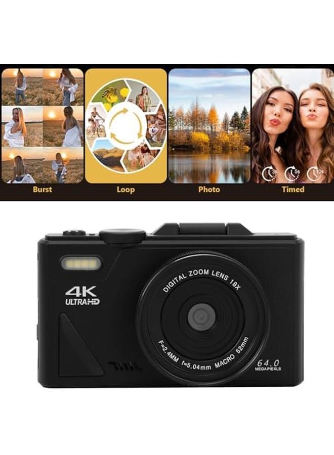 Black 4K Digital Camera 64MP 18x Zoom 3 Inch Flip Screen Mirrorless Camera For Travel - Image 5