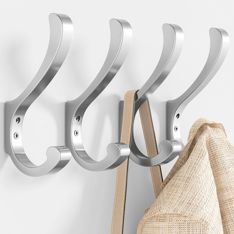 jockcaras Silver Coat Hooks Wall Mount - Wall Hooks For Hanging Heavy Duty (30LB),Large Coat Hanger Wall Hangers,Metal Hooks For Hanging Towels,Backpack,Hat,Jacket,Key,Bag,Purse,Clothes,Robe,Dog Leash (4 Pack) - Image 1