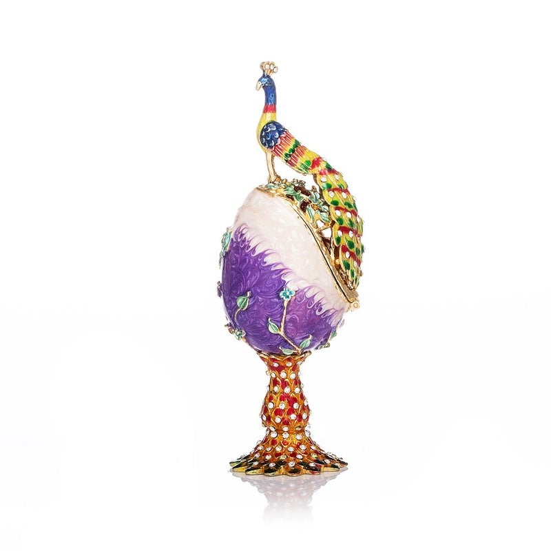 QIFU Hand Painted Peacock Style Faberge Egg Decorative Enamel Trinket Box Unique Gift for FamilyQF1486
