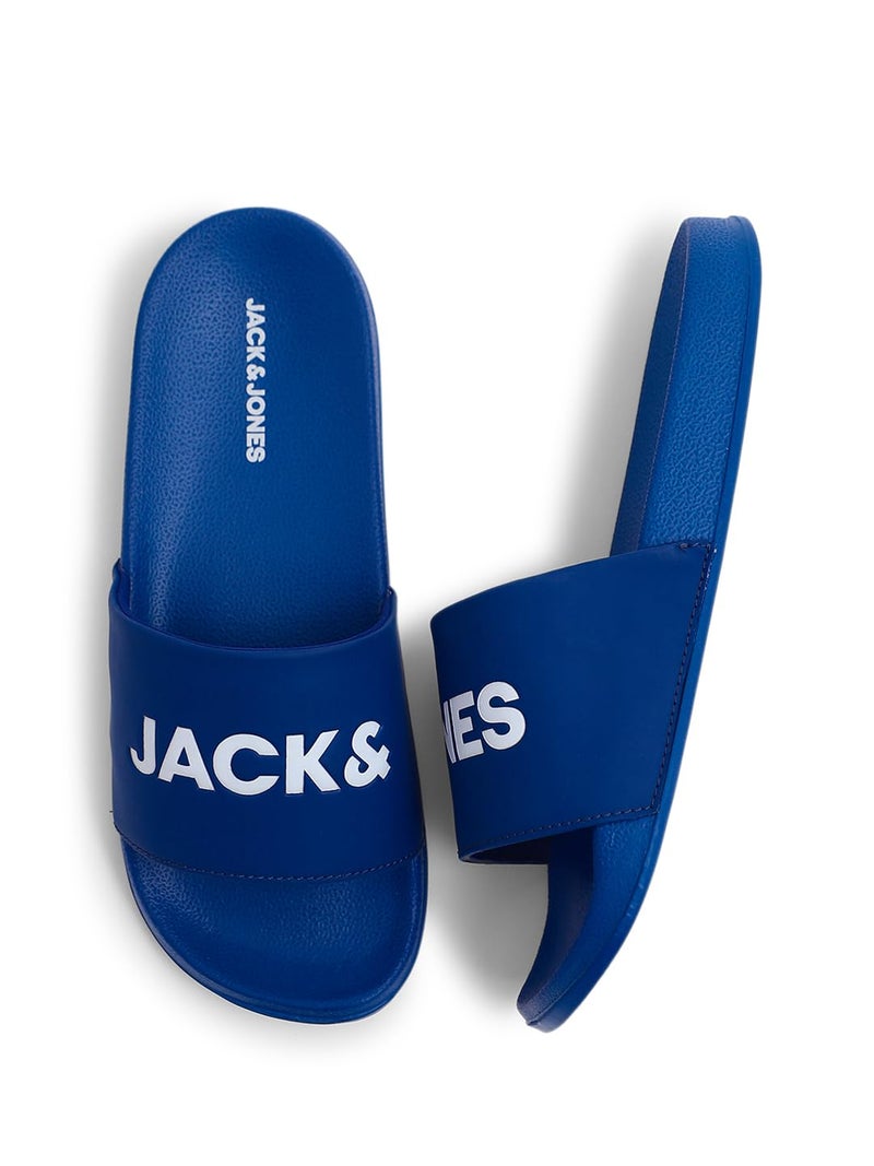 Jack & Jones Dark Blue Logo Print Pool Sliders - Image 1