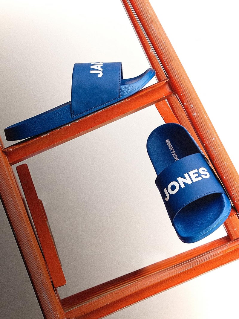 Jack & Jones Dark Blue Logo Print Pool Sliders - Image 2