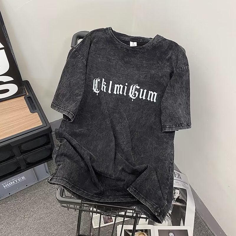 Washed Distressed American Heavy Short-Sleeved Women'S T-Shirt Men'S Ins Fashionable Brand Streaming Loose Printed Cotton Plus Size Couple'S Top - Image 2