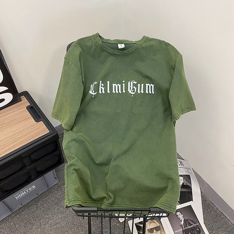 Washed Distressed American Heavy Short-Sleeved Women'S T-Shirt Men'S Ins Fashionable Brand Streaming Loose Printed Cotton Plus Size Couple'S Top - Image 1