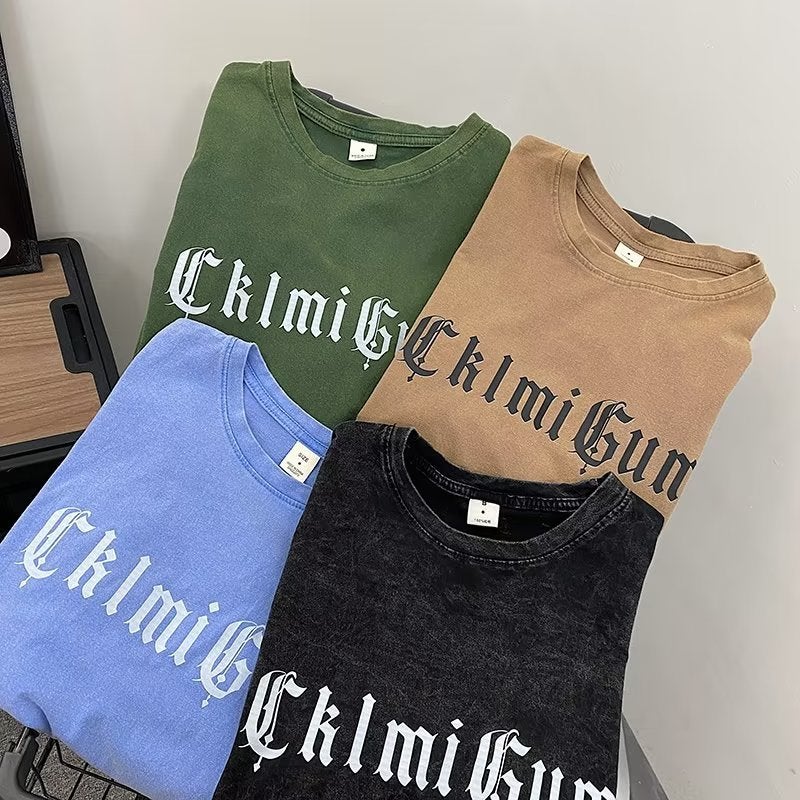 Washed Distressed American Heavy Short-Sleeved Women'S T-Shirt Men'S Ins Fashionable Brand Streaming Loose Printed Cotton Plus Size Couple'S Top - Image 5