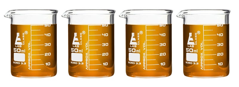 EISCO 4PK Lab Beaker Shot Glasses 16oz  50mL  Borosilicate Glass  Chemistry Shot Glasses Chemistry Gifts Labs