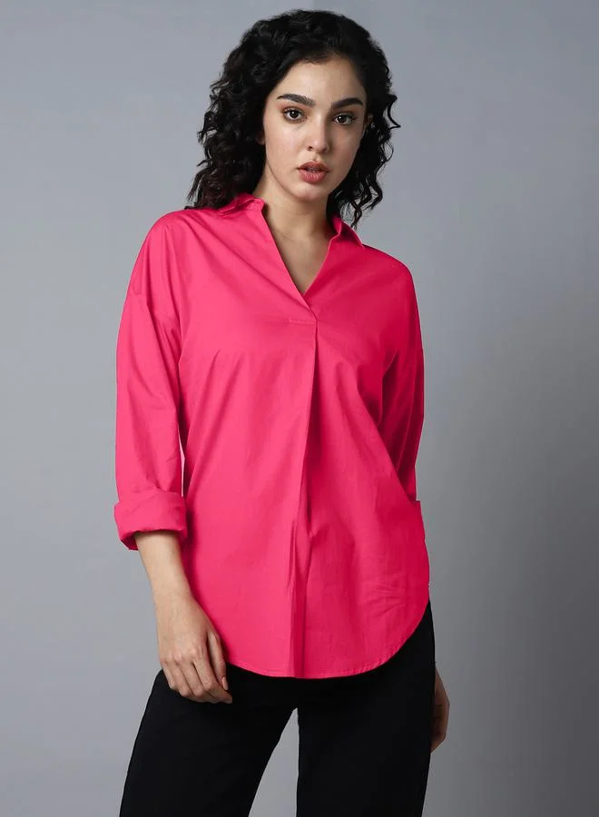 هاي ستار Roll Up Sleeves Pure Cotton Collared Top with Metal Detail Back by Styli