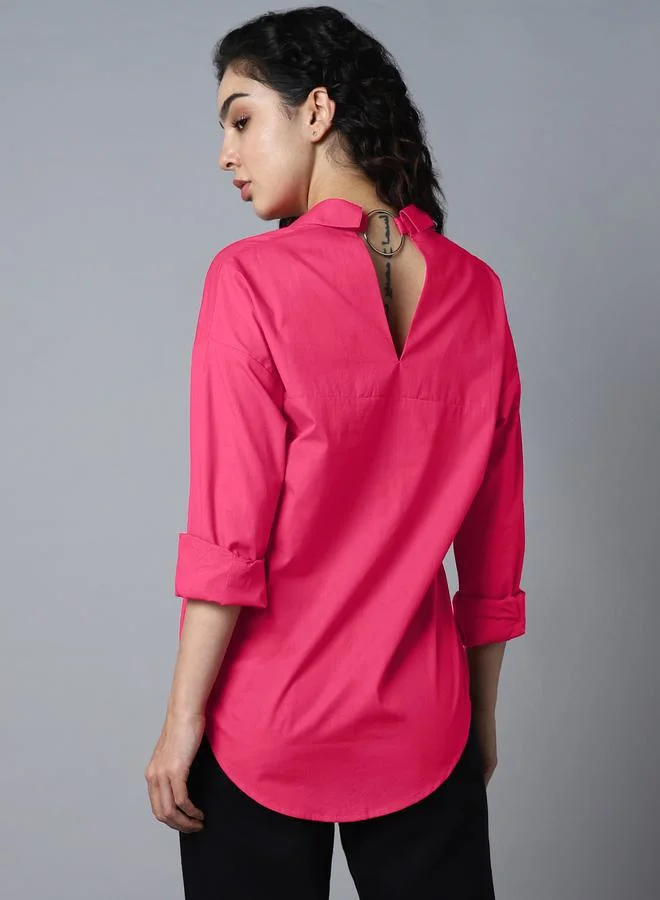 هاي ستار Roll Up Sleeves Pure Cotton Collared Top with Metal Detail Back by Styli