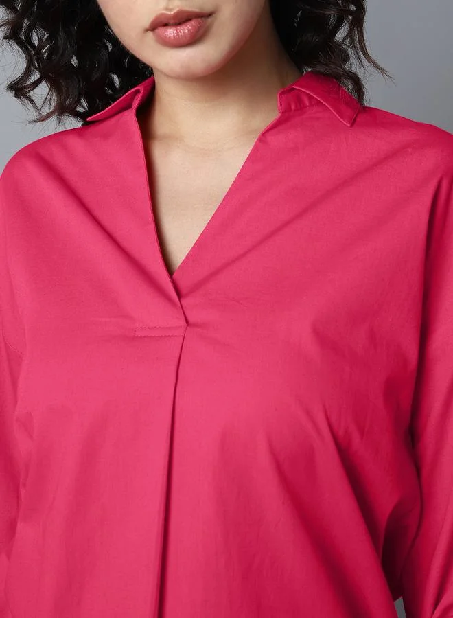 هاي ستار Roll Up Sleeves Pure Cotton Collared Top with Metal Detail Back by Styli