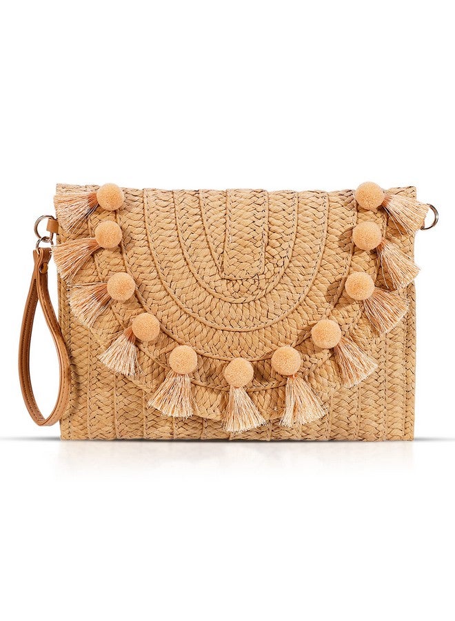 QTKJ Straw Crossbody Bag For Women Clutch Purses Bohemian Handmade Woven Handbags Tassels Summer Beach Bag Envelope Wallet(Khaki)  - Image 1