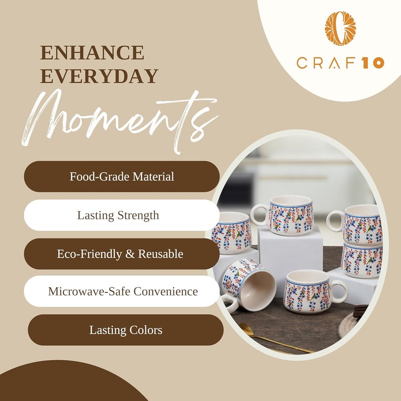 CRAF10 مجموعة أكواب شاي تصميم بليس من 6 قطع، 180 مل، أنيقة ومتينة، آمنة للاستخدام في الميكروويف وغسالة الصحون، خزف - Image 5