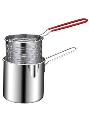 AARU BHAKTI ENTERPRISE ABE Small Deep Frying Pot with Strainer Basket1200 ml Stainless Steel Pan with Handle for Frying French Fries Chicken Wings Shrimp Fish Boiling Butter Sauce Gravies Pasta  - Image 1