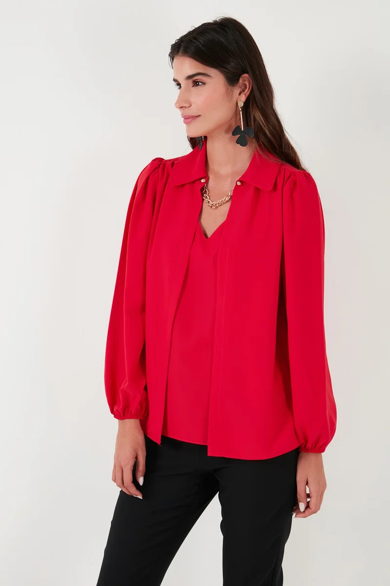Lela Regular Fit V-Neck Balloon Sleeve Blouse Women's Blouse 611BZ0353