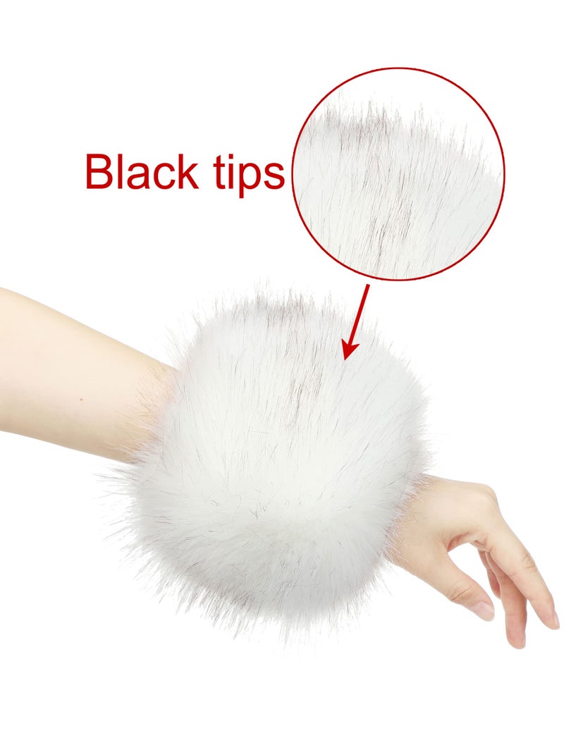 LA CARRIE Women's Leopard Print Faux Fur Wrist Cuffs,Winter Fox Furry Bands Arm Warmer (White) - Image 2