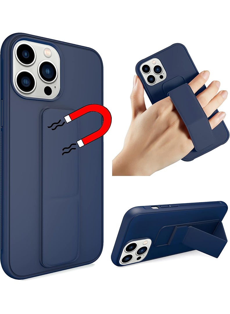 Case Up Compatible with Apple iPhone 14 Pro Case with Magnetic Stand & Holder, Premium Silicone Finger Grip Strap Holder Case Car Mount Kickstand Cover- Navy Blue - Image 1