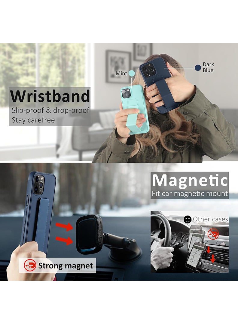 Case Up Compatible with Apple iPhone 14 Pro Case with Magnetic Stand & Holder, Premium Silicone Finger Grip Strap Holder Case Car Mount Kickstand Cover- Navy Blue - Image 3