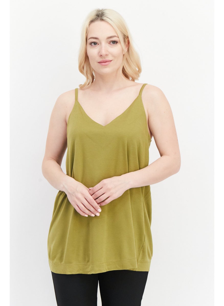 ESPRIT Women V-Neck Sleeveless Pain Tank Top, Olive  - Image 1