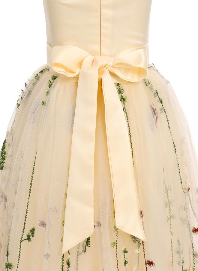 OBEEII Flower Girl Dress for Wedding Pleated V Neck Satin Tulle Princess Dress Junior Bridesmaids Pageant Formal Ball Gown, Champagne-floral, 9 Years - Image 5