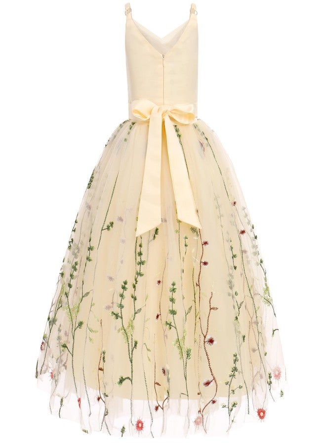 OBEEII Flower Girl Dress for Wedding Pleated V Neck Satin Tulle Princess Dress Junior Bridesmaids Pageant Formal Ball Gown, Champagne-floral, 9 Years - Image 3
