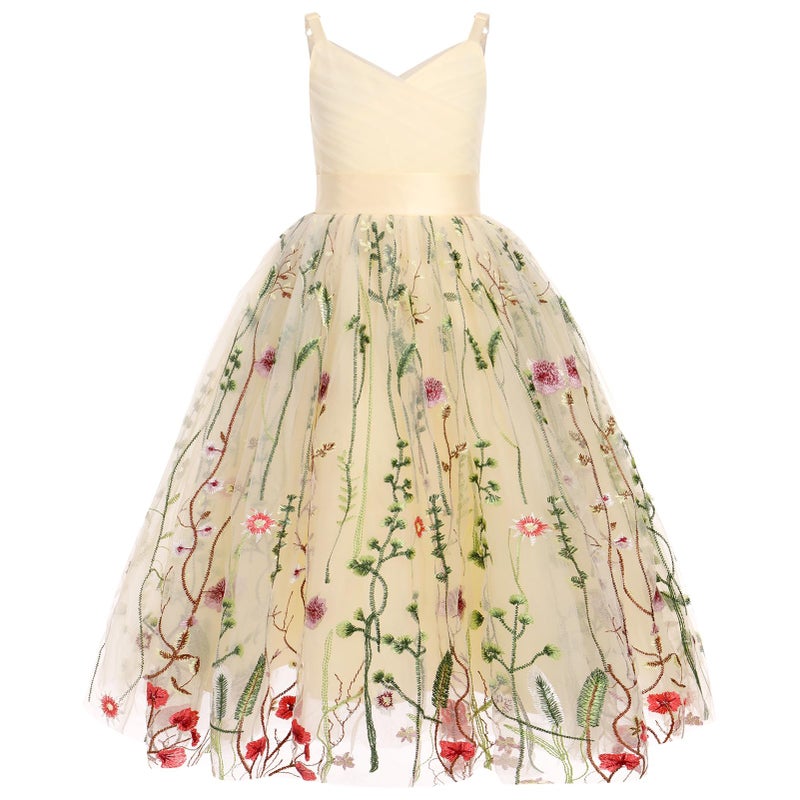OBEEII Flower Girl Dress for Wedding Pleated V Neck Satin Tulle Princess Dress Junior Bridesmaids Pageant Formal Ball Gown, Champagne-floral, 9 Years - Image 1