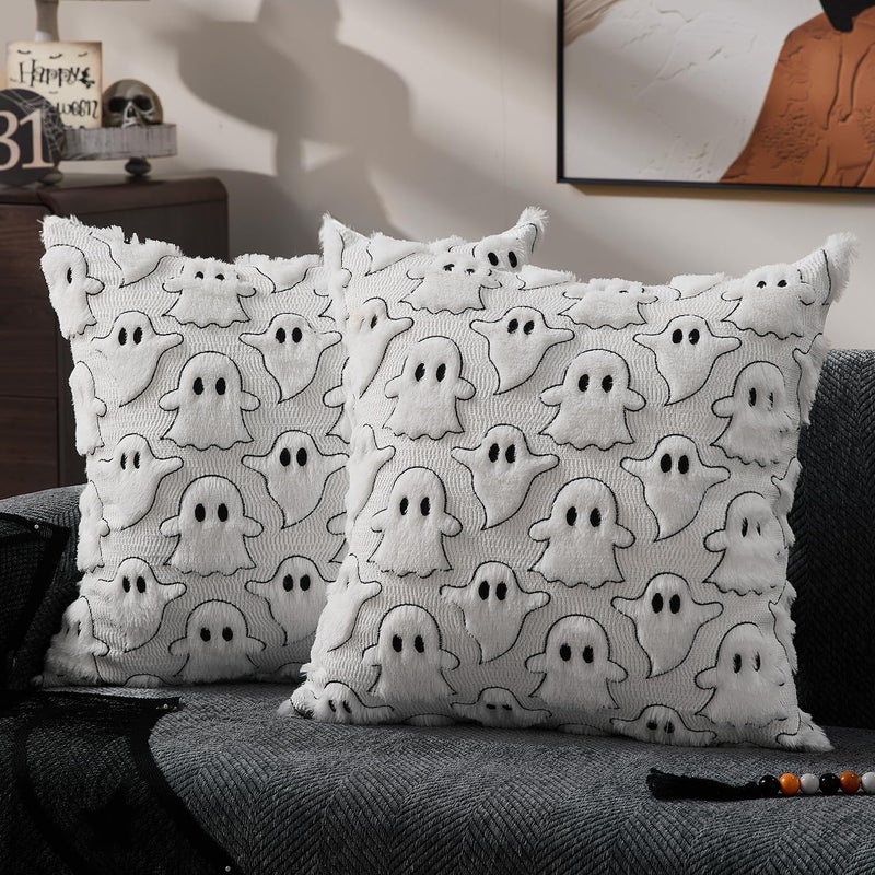 DFXSZ Halloween Pillow Covers 18x18 inch Set of 2 White Black Ghost Throw Pillow Cases Soft Plush Faux Fur Wool Couch Cushion Case for Chair Sofa Bedroom Living Room Home Decor PTK03J18