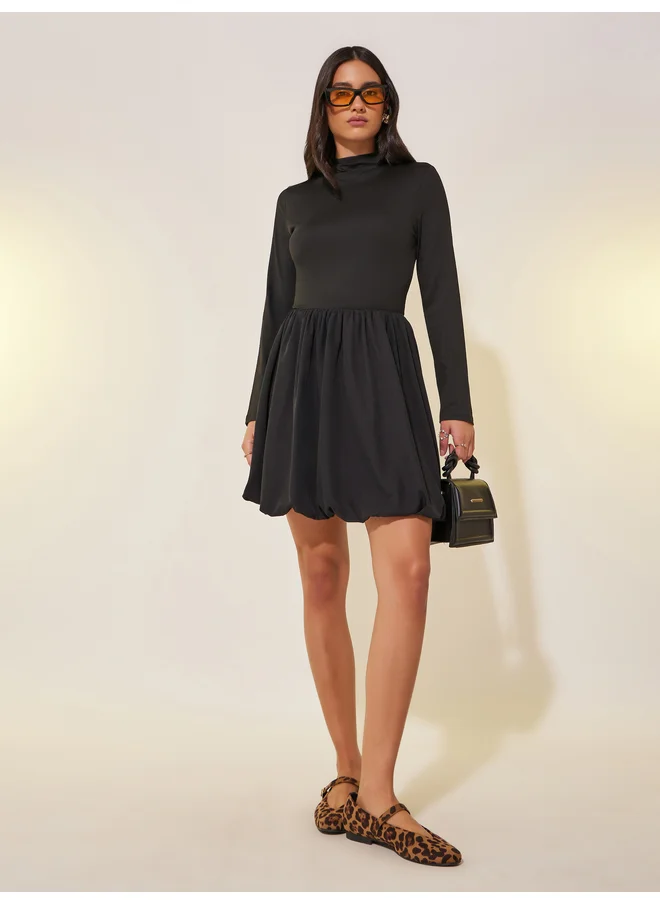 تايك تو Take Two Solid Long Sleeve Balloon Hem A-Line Mini Dress