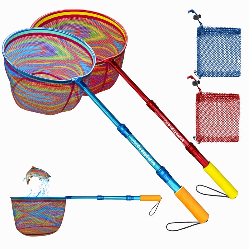DaddyGoFish Kids Fishing Net - Extendable Telescopic Landing Net for Boy Girl Children Catching Small Fish Crab Shrimp Minnow Dragonfly Beach Pier Lake River Ocean (Style 1 (2 Pack, Blue + Red)) - Image 1