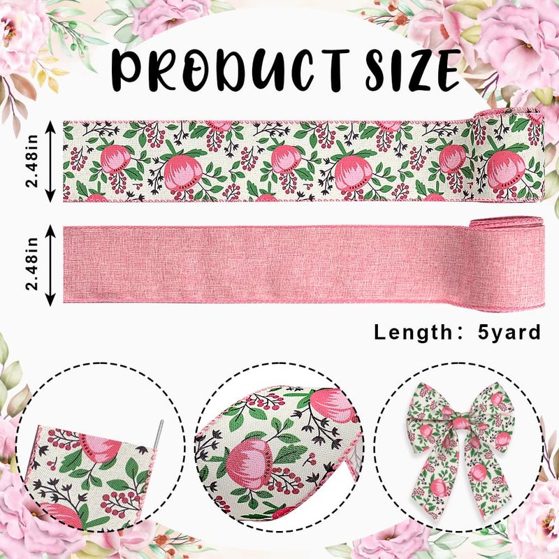 Hying 2 Rolls Bridal Shower Flowers Ribbons for Wreath Bows, 2.5"Ã—10 Yards Wired Edge Ribbon Pink Floral Leaves Burlap Ribbons for Crafting Wedding Decorations Supplies - Image 2