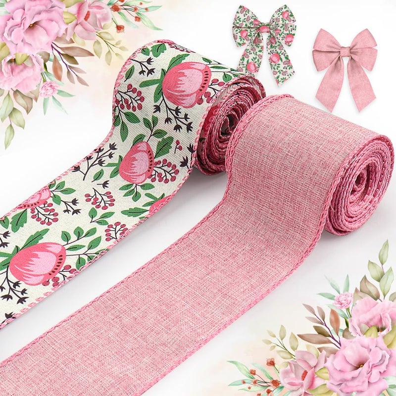 Hying 2 Rolls Bridal Shower Flowers Ribbons for Wreath Bows, 2.5"Ã—10 Yards Wired Edge Ribbon Pink Floral Leaves Burlap Ribbons for Crafting Wedding Decorations Supplies - Image 1