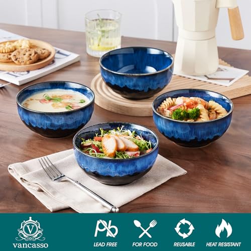 vancasso Starry 24oz Bowls for Soup, Ceramic Soup Bowls Set of 4, Blue Cereal Bowls Set for Kitchen, Salad Bowls Set, Pasta Oatmeal Bowls, Lead-free, Dishwasher & Microwave Oven Safe, Blue - Image 3