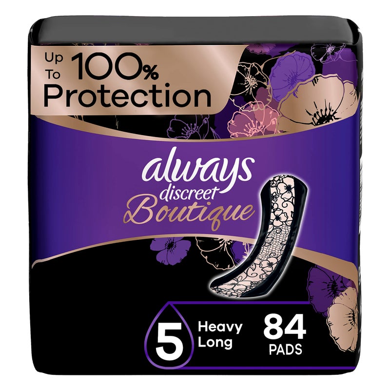 Always Discreet وسادات البالغين غير المرئية من ألويس ديسكريت بوتيك لعدم التحكم في البول وما بعد الولادة للنساء، الحجم 5، ثقيلة طويلة، 28 عدداً × 3 عبوات (84 عدداً إجمالاً) (قد يختلف التعبئة) - Image 1
