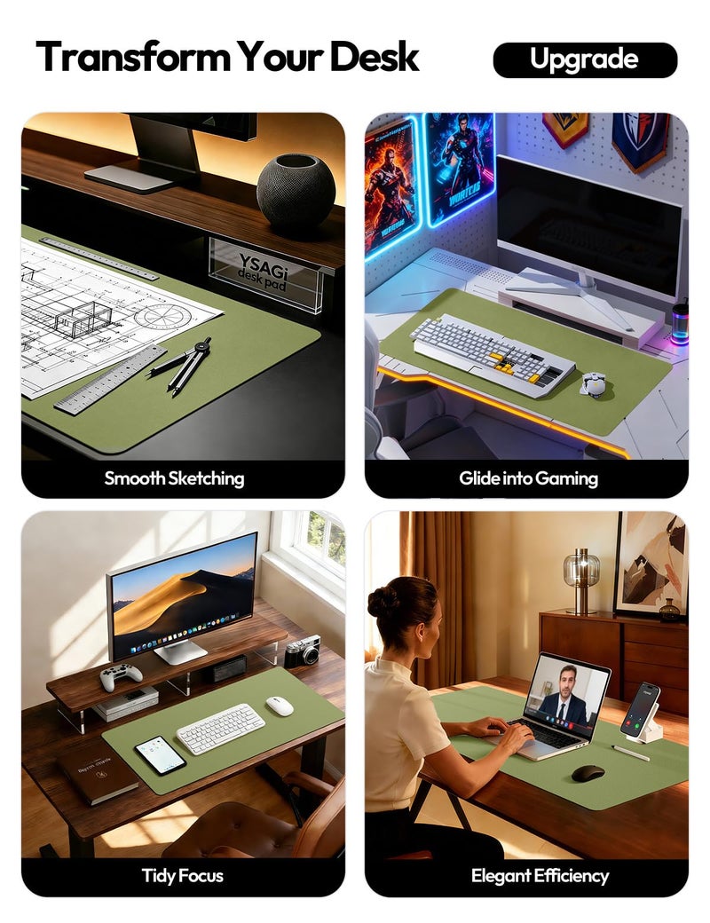 YSAGi Leather Desk Protector, Office Mat, Large Mouse Pad, Non-Slip PU Leather Blotter, Laptop Desk, Waterproof Writing Pad for Office and Home (Green, 31.5" x 15.8") - Image 2