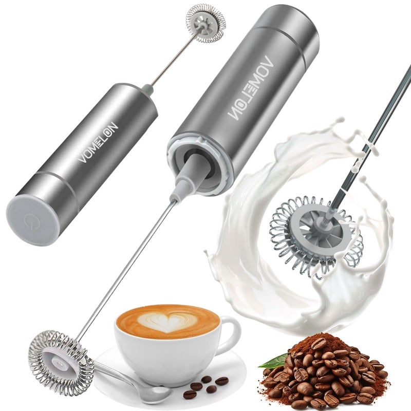 Vomelon VOMELON Milk Frother Handheld Battery Operated Frother for CoffeePortable Drink Mixer with 2 Stainless Steel Whisk Heads Milk Foamer for Keto Coffee Latte Cappuccino Hot Chocolate Silver 
