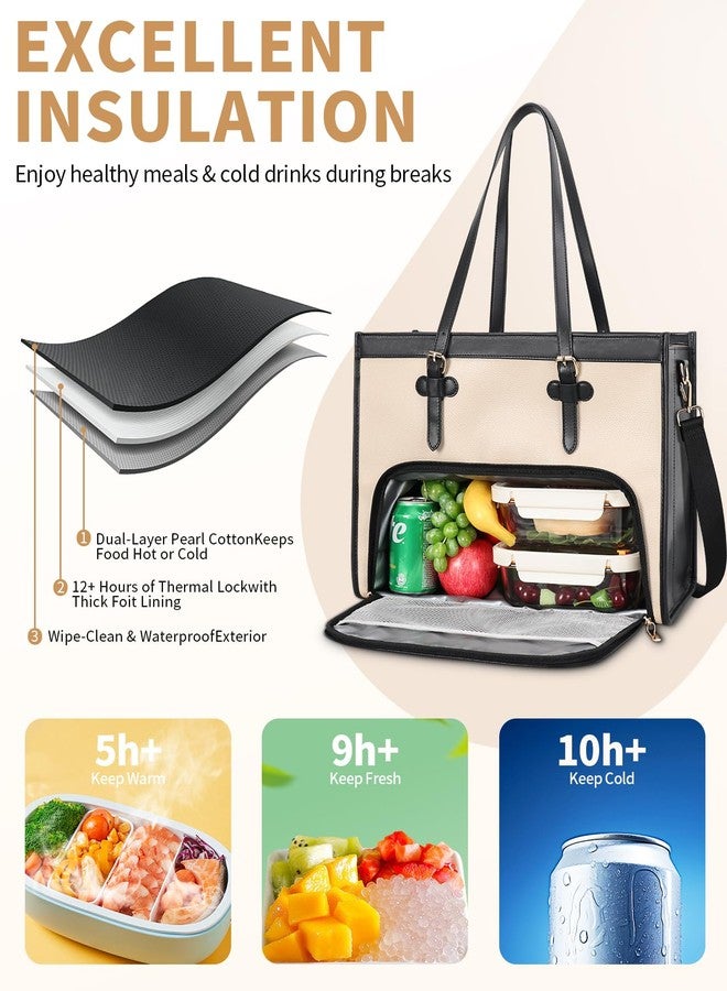 ESTARER Laptop Tote Bag with Insulated Lunch Compartment, 15.6 Inch PU Leather Laptop Bag For Women, Computer Work Handbag for Teacher, Nurse, Office, Collage, Casual, Black&White - Image 3