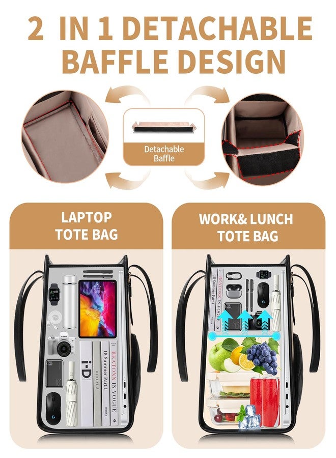 ESTARER Laptop Tote Bag with Insulated Lunch Compartment, 15.6 Inch PU Leather Laptop Bag For Women, Computer Work Handbag for Teacher, Nurse, Office, Collage, Casual, Black&White - Image 4