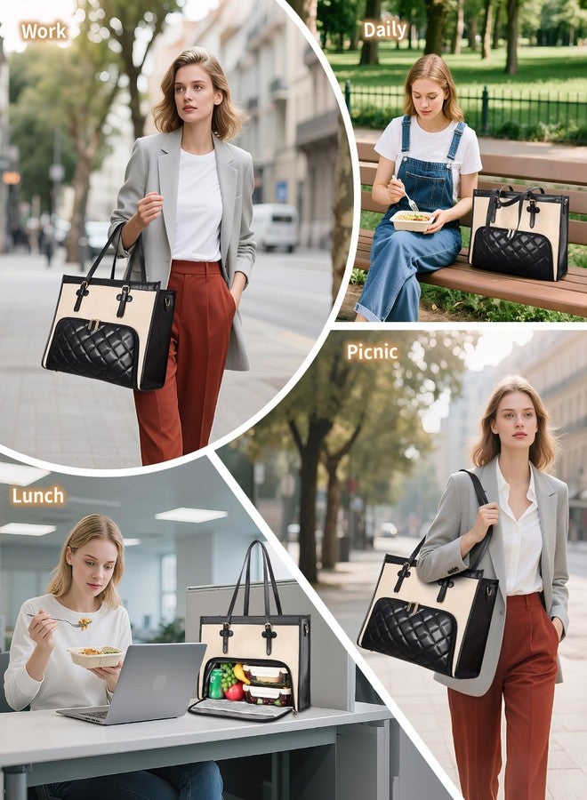 ESTARER Laptop Tote Bag with Insulated Lunch Compartment, 15.6 Inch PU Leather Laptop Bag For Women, Computer Work Handbag for Teacher, Nurse, Office, Collage, Casual, Black&White - Image 2