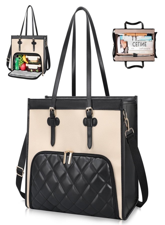 ESTARER Laptop Tote Bag with Insulated Lunch Compartment, 15.6 Inch PU Leather Laptop Bag For Women, Computer Work Handbag for Teacher, Nurse, Office, Collage, Casual, Black&White - Image 1