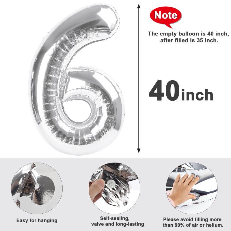 Mluchee Number 6 Balloon 40 Inch, 6th Birthday Balloon for Boy Girl, Silver 16 60 61 65 Numbers Balloons Birthday Party Wedding Events Decorations - Image 5