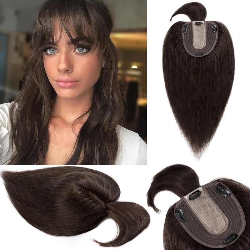 Snoilite Real Human Hair Toppers with Bangs  Clip in Topper Hairpiece with Fringe 130 Density Silk Base 35g 10 Inch 02 Dark Brown