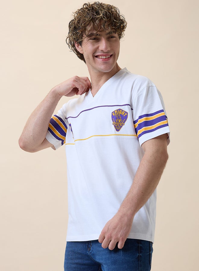Men White Logo Printed Half Sleeves V-Neck Oversized Cotton T-Shirt