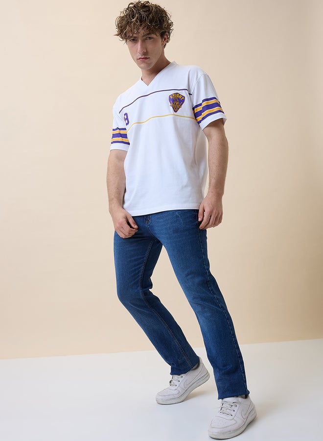 Men White Logo Printed Half Sleeves V-Neck Oversized Cotton T-Shirt