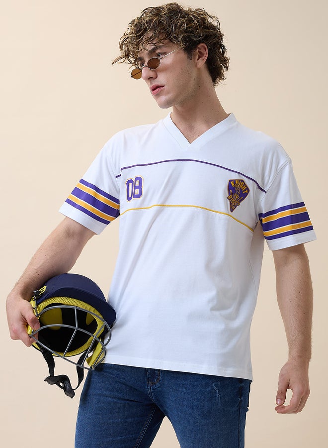 Men White Logo Printed Half Sleeves V-Neck Oversized Cotton T-Shirt